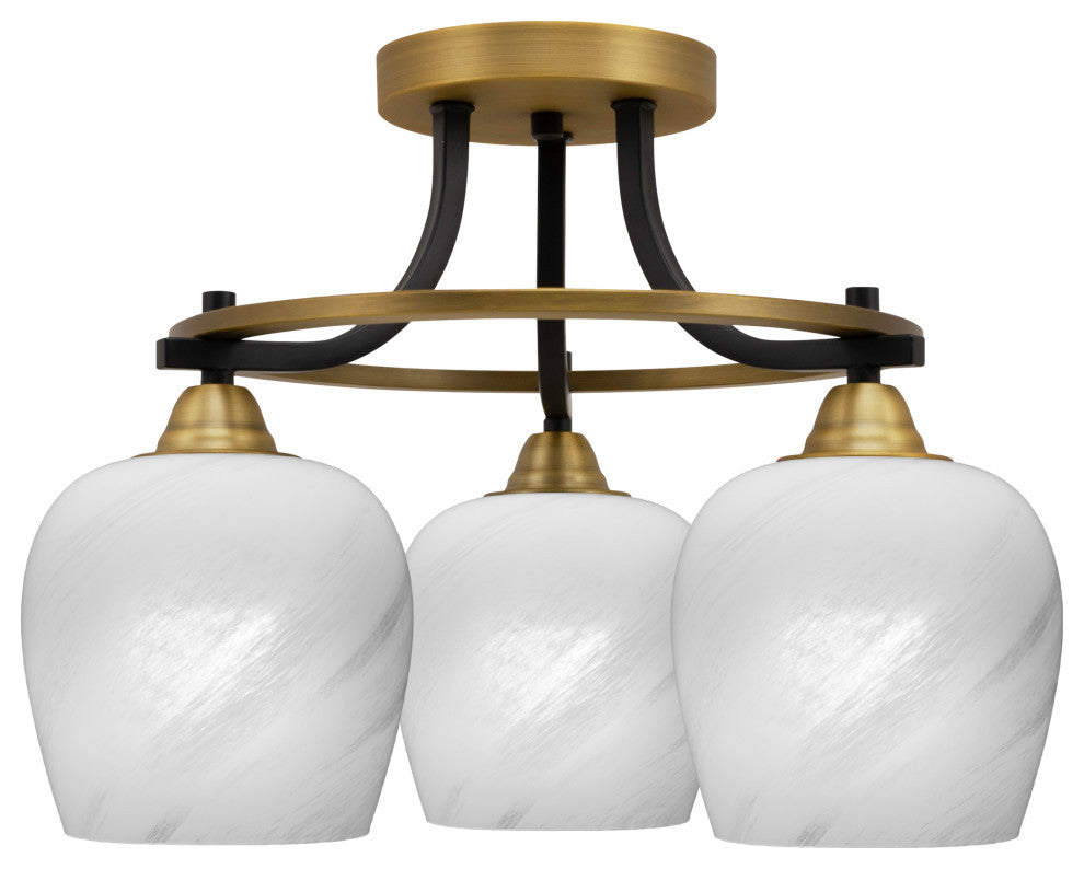 Paramount 3-Light Semi-Flush Light, Matte Black & Brass, 6" White Marble Glass