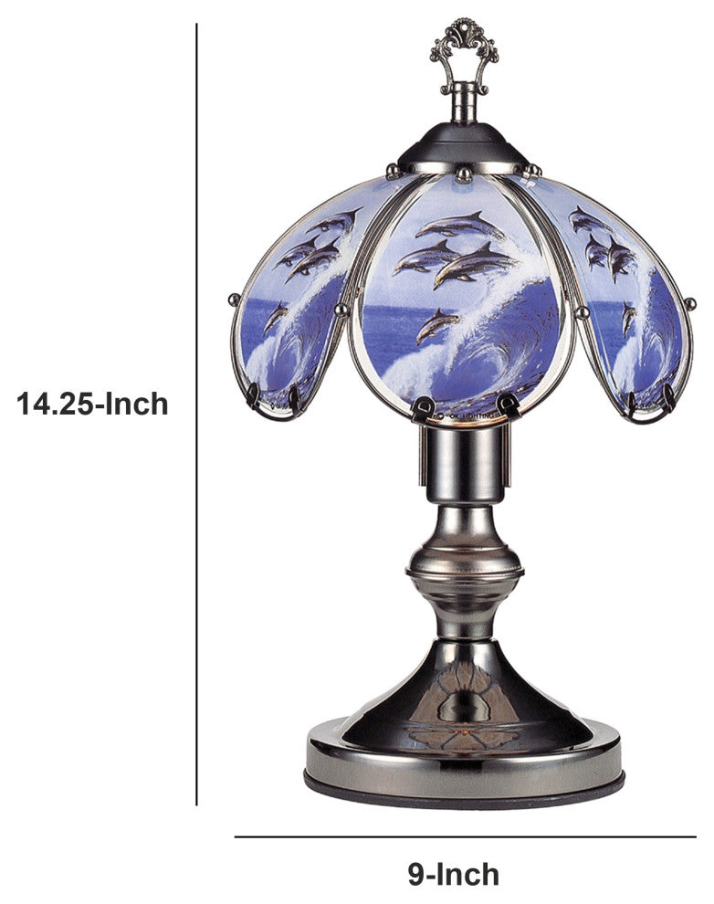 Benzara BM240942 Umbrella Shade Glass Table Lamp Dolphin Print Silver
