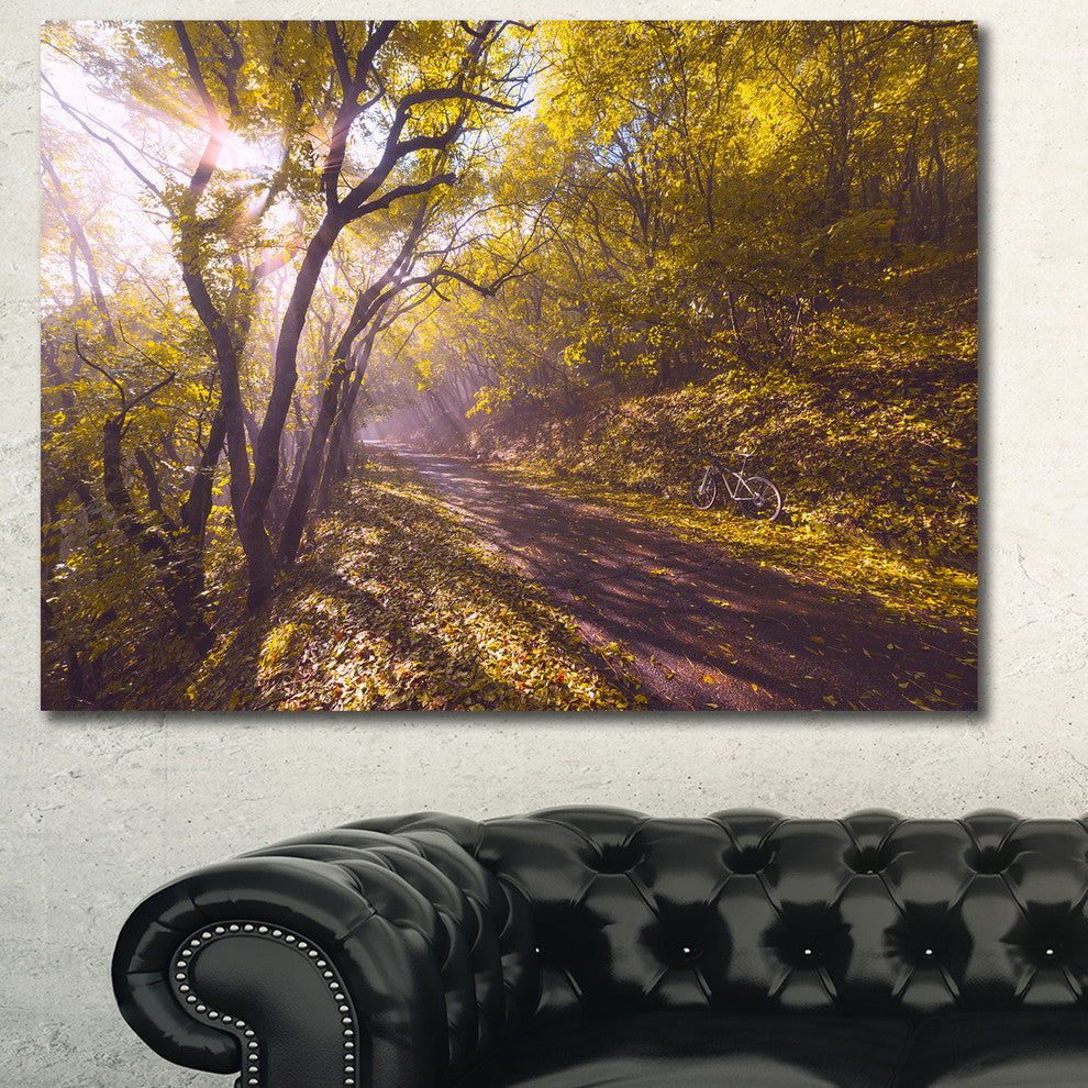 Bicycle Ride in Fall Forest, Landscape Canvas Art Print, 40"x30"