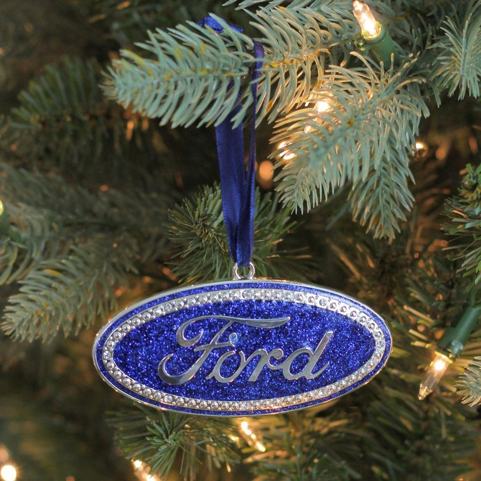 4" Officially Licensed Blue "Ford" Logo Silver Plated Christmas Tree Ornament