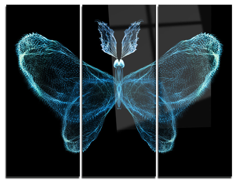 "Turquoise Fractal Butterfly in Dark" Metal Wall Art, 3 Panels, 36"x28"