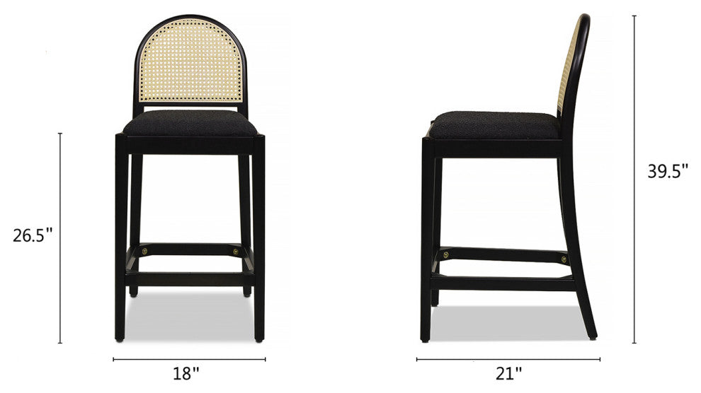 Panama Curved Back Cane Rattan Stool, Set of 2, Ebony Black Boucle, 26.5" Counter Height