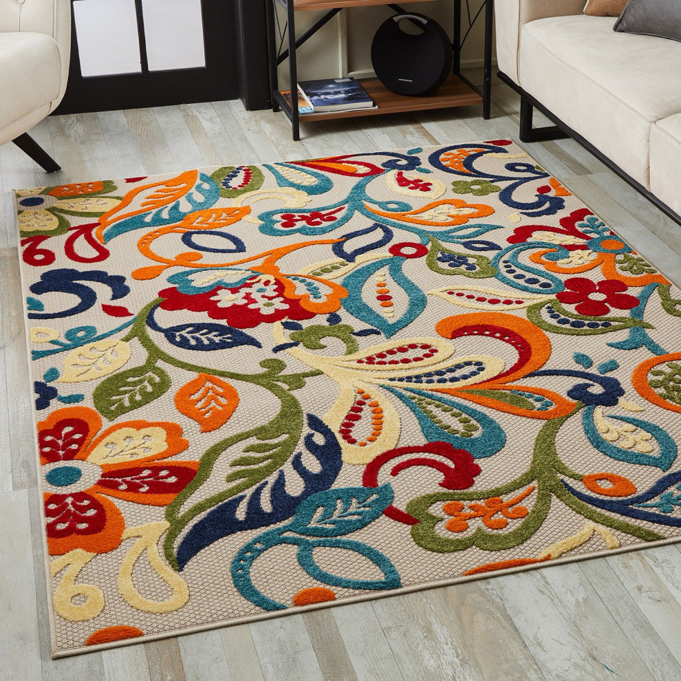 7"x9" Multi Jacobean Floral Indoor Outdoor Area Rug