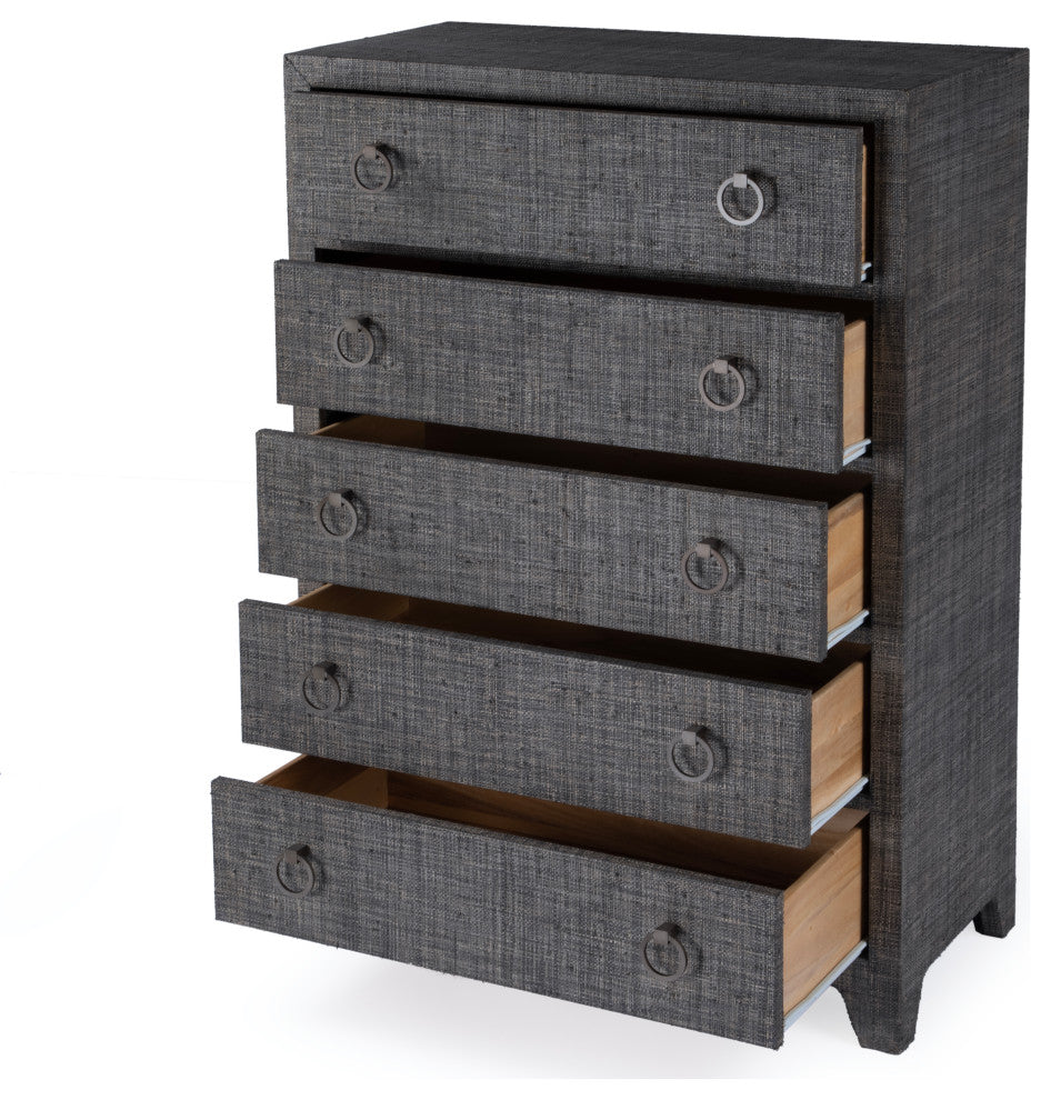 Bar Harbor 5 Drawer Raffia Dresser, Charcoal Raffia