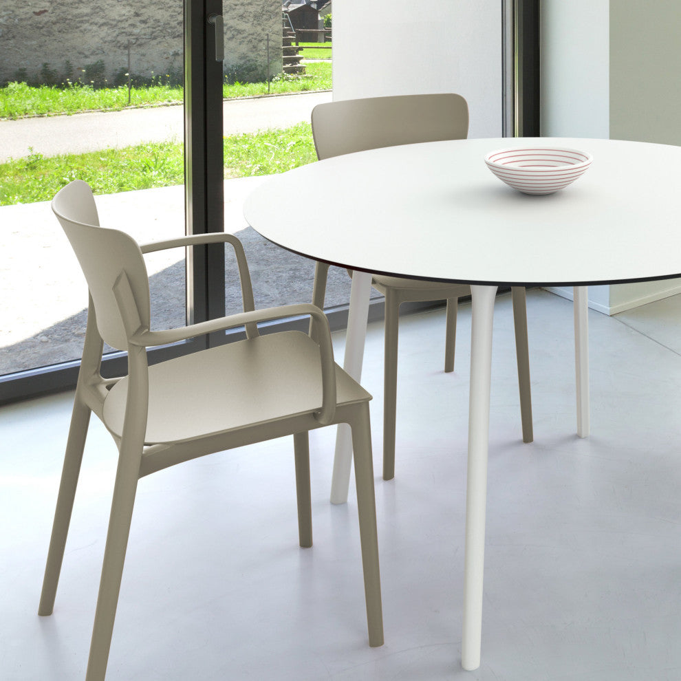 Lisa Round Dining Set With 47" White Table and Taupe Armcairs