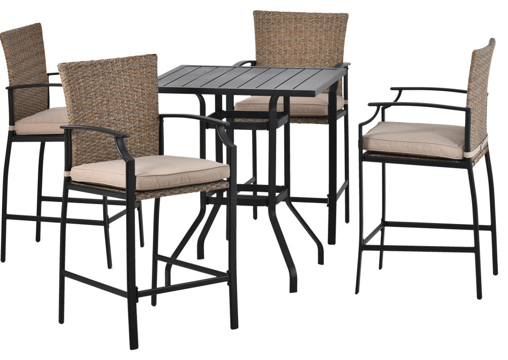 5 Pieces Outdoor Patio Rattan Counter Height Dining Table Set With Cushions