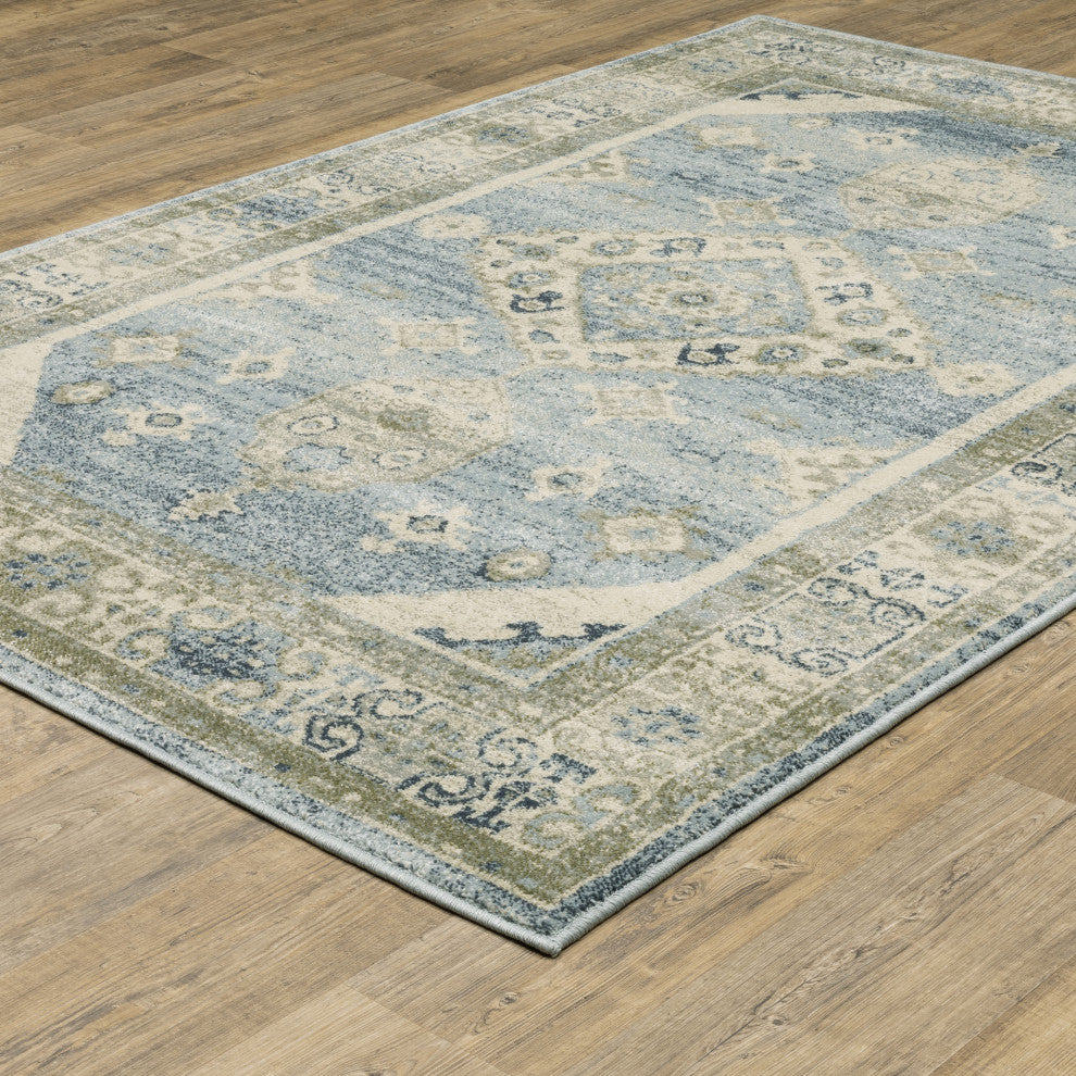 Bastian Bordered Medallion Blue/ Grey Indoor Area Rug, Blue, 5'3"x7'3"