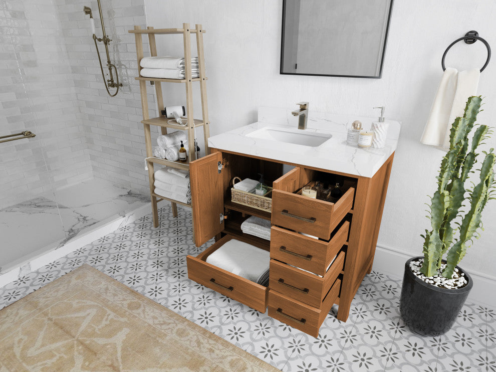 Malibu Teak 36 Left Offset Bath Vanity in Golden Teak 2" White Quartz