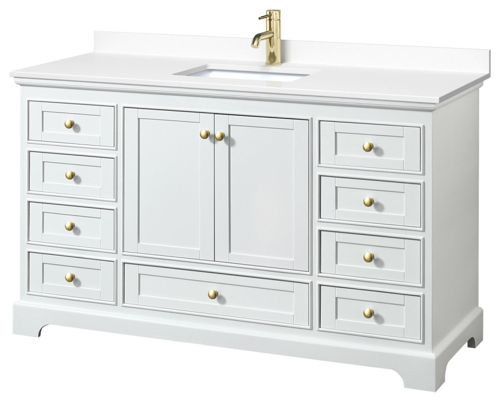60" Single Bath Vanity, White, White Cult. Marble Countertop, Sink, Gold Trim
