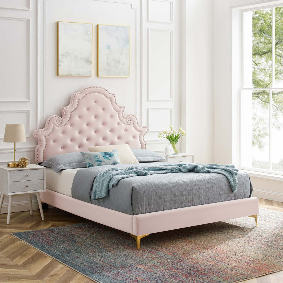 Tufted Platform Bed Frame, Twin Size, Velvet, Pink, Modern Contemporary, Bedroom