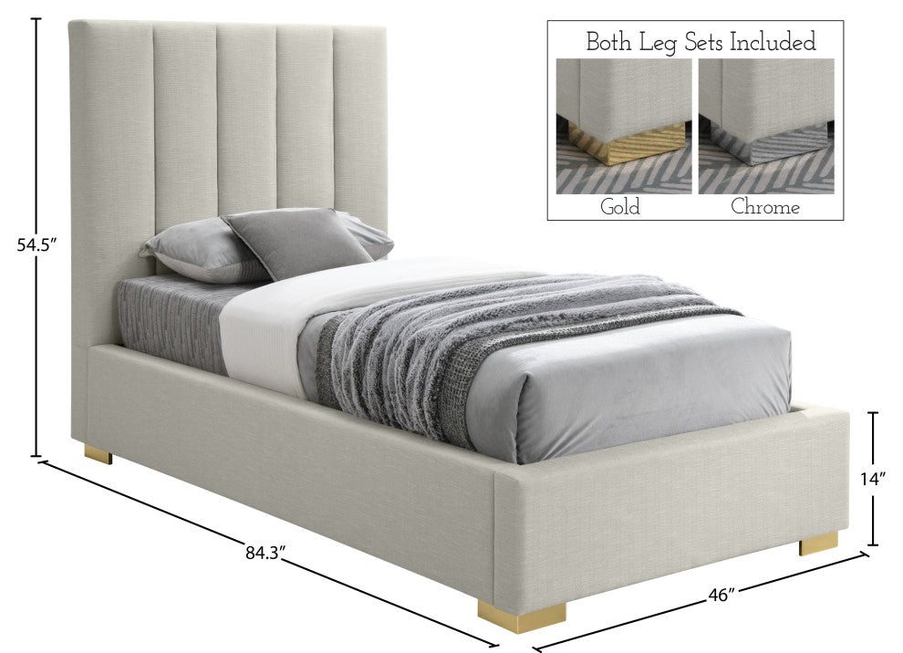 Pierce Linen Textured Fabric Upholstered Bed, Beige, Twin