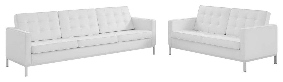 Loft Tufted Upholstered Faux Leather Sofa and Loveseat Set Silver White