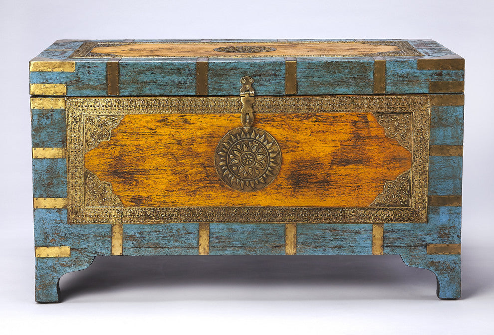 Nador Hand-Painted Brass Inlay Storage Trunk Coffee Table, Blue