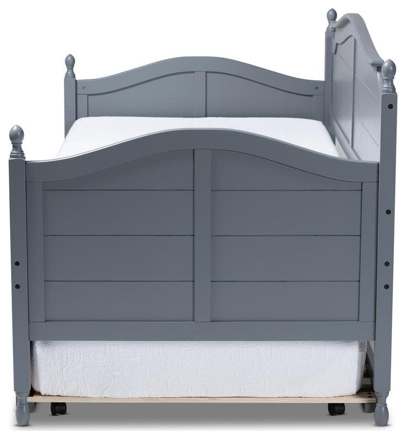 Mara Cottage Farmhouse Gray Wood Twin Size Daybed With Roll-Out Trundle Bed