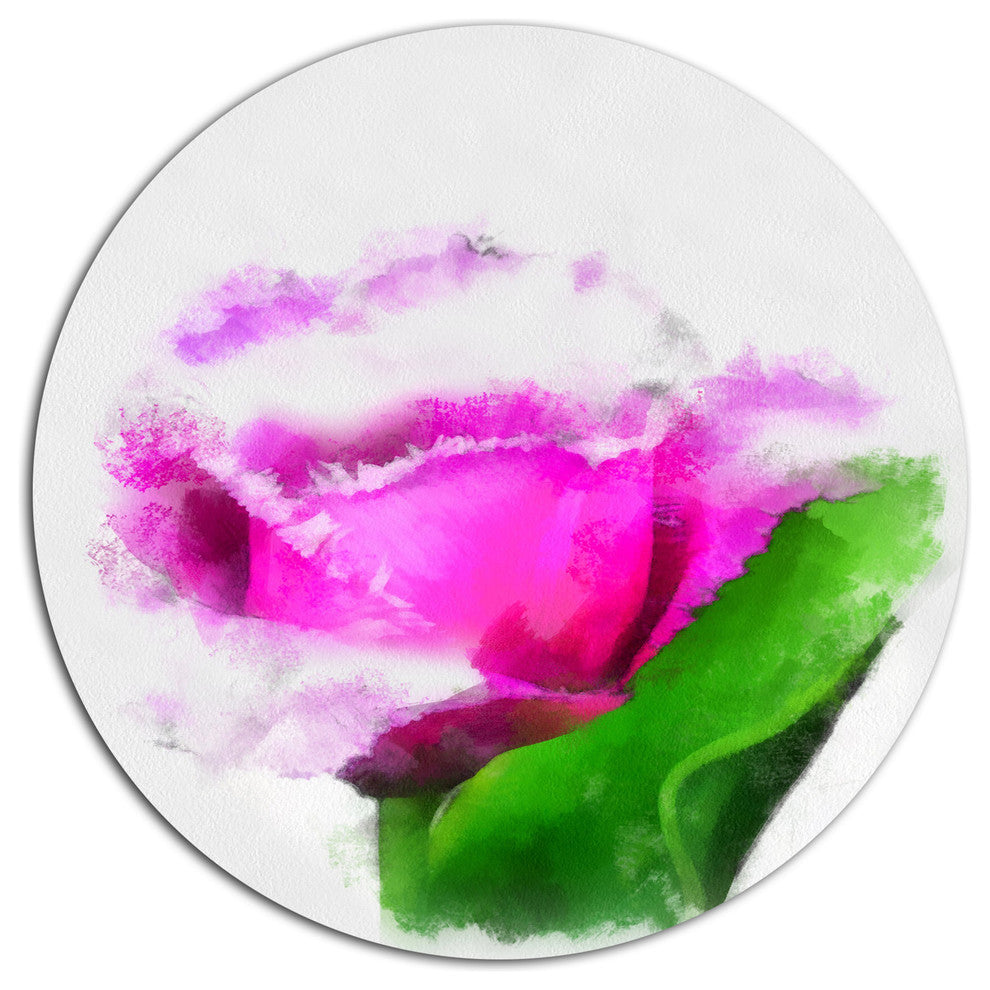 Pink Rose Watercolor With Leaves, Floral Disc Metal Artwork, 23"