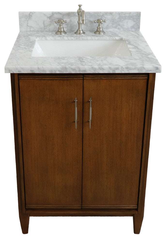 25" Single Sink Vanity, Walnut Finish With White Carrara Marble