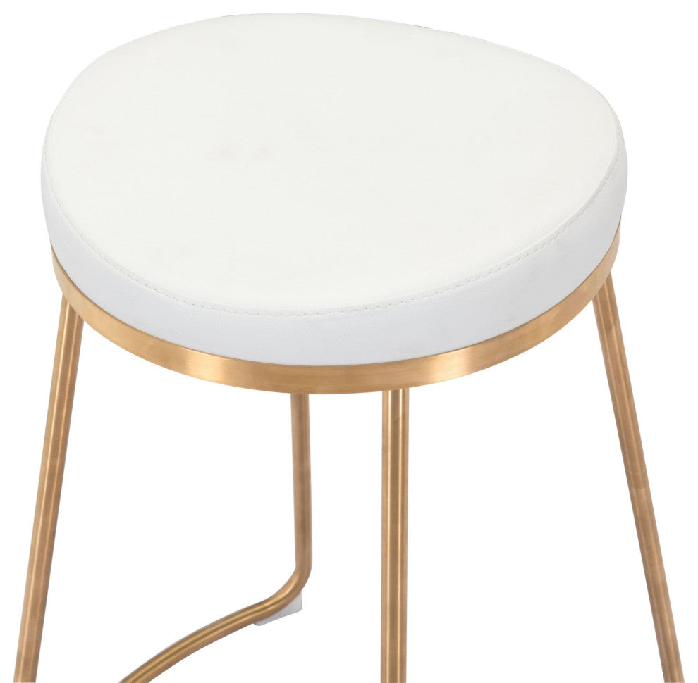 Counter Stool Chair, Set of 2, Faux Vinyl Leather, Steel, White, Gold, Cafe