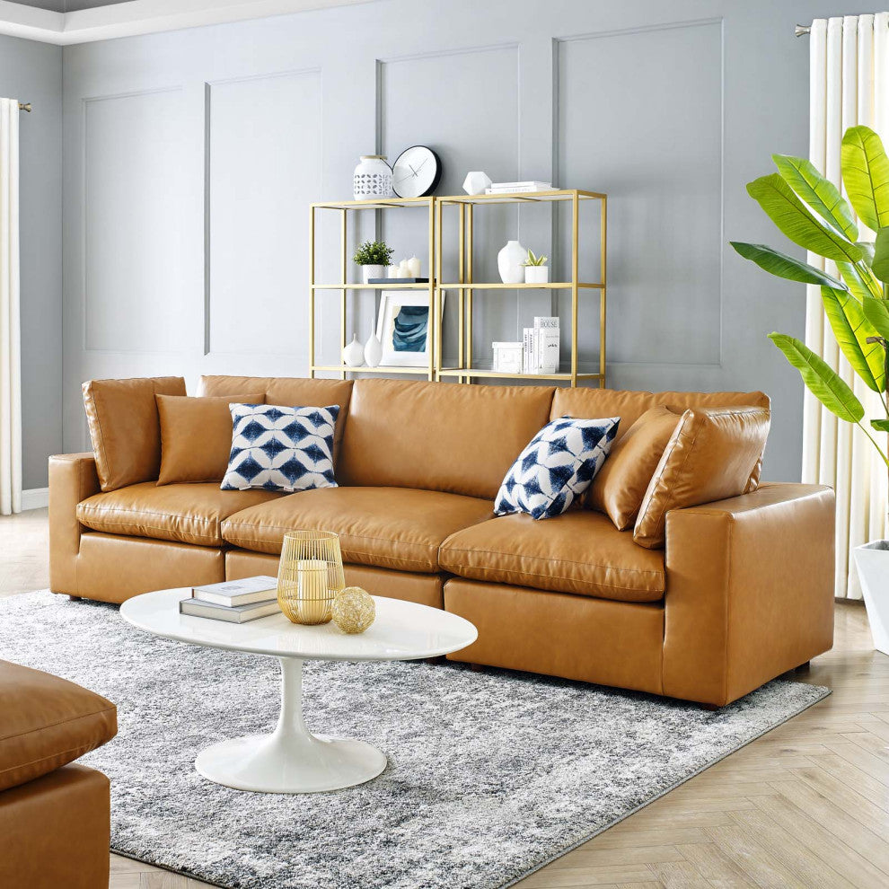 Commix Down Filled Overstuffed Vegan Leather 3-Seater Sofa - Tan