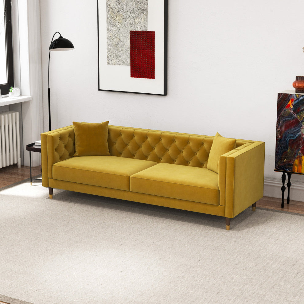 Lewis Mid-Century Modern Luxury Tufted Velvet Sofa, Mustard Yellow