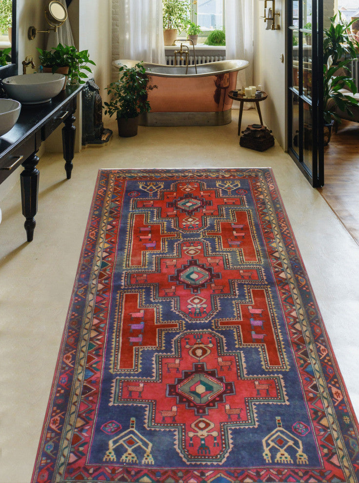 Fine Vintage Distressed Trenton Red/Navy Runner, 4'7x9'10