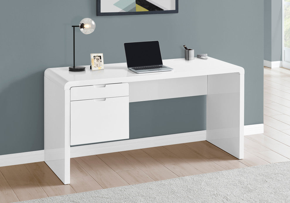 Computer Desk, Laptop, Storage Drawers, 60"L, Work, Laminate, Glossy White