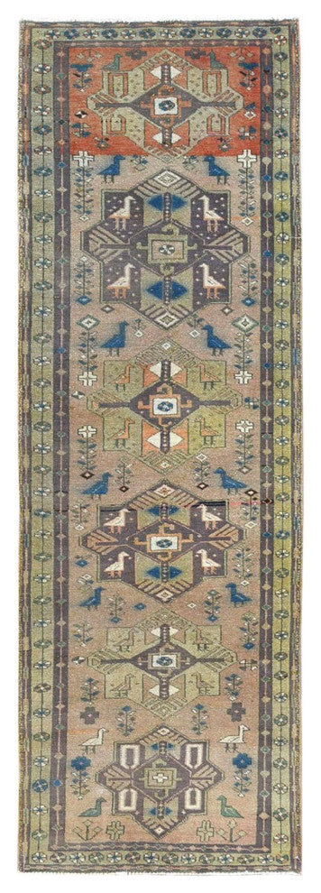 Walnut Brown Northwest Persian Wide Runner Bird Figurines Wool Rug, 3'4"x10'3"