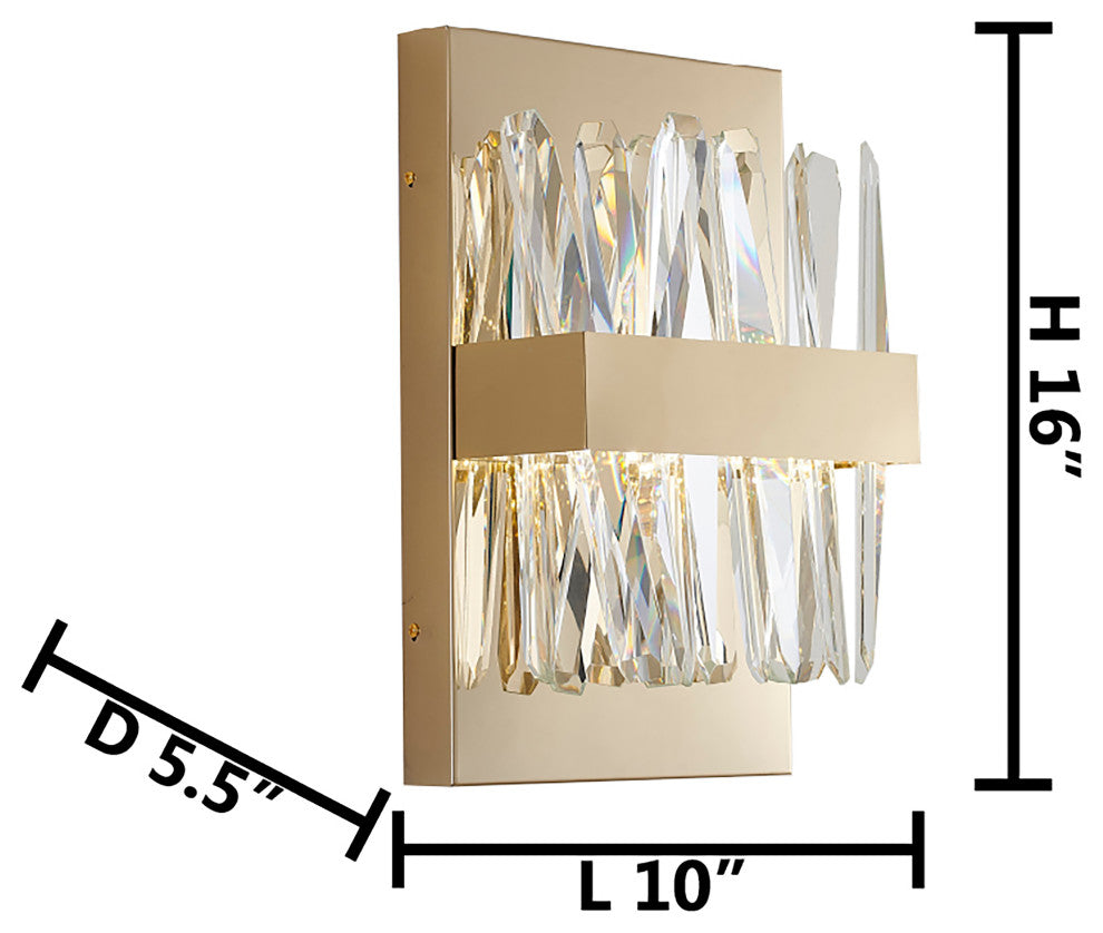 10" 2-Light Chrome Stainless Steel Led Wall Sconce With Clear Crystals, Gold