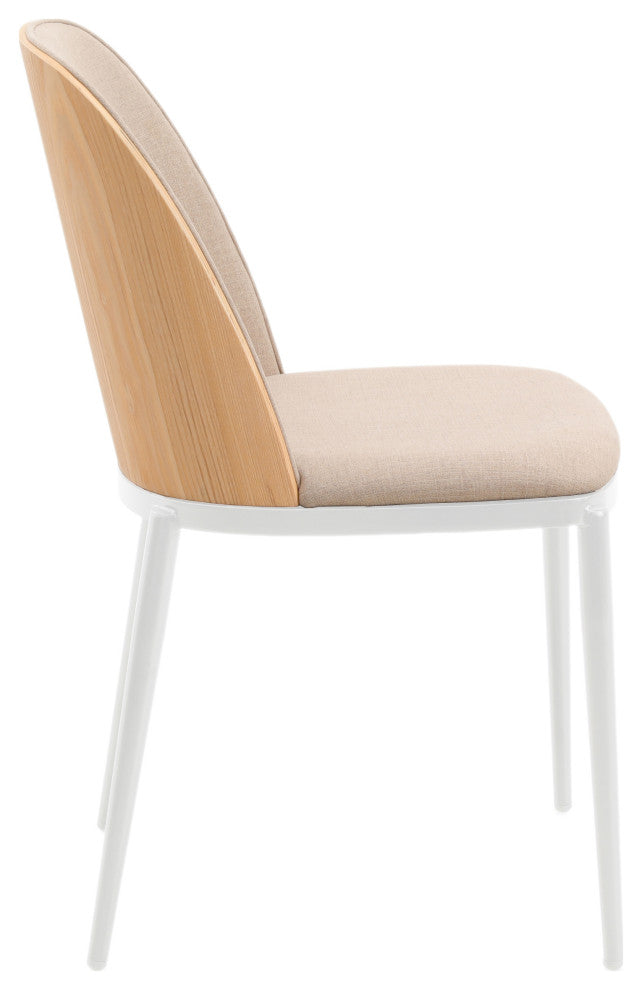 LeisureMod Tule Dining Chair With Upholstered Seat and White Steel Frame, Natural Wood/Brown