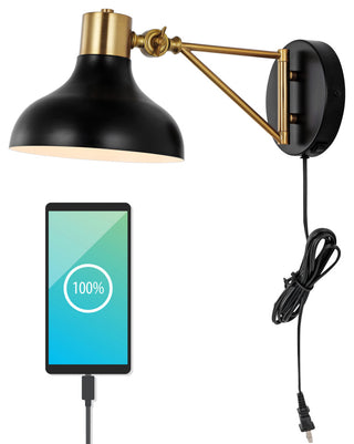 Lynn Swing Arm 1-Light Modern Midcentury Iron USB Charging Port LED Sconce, Blac