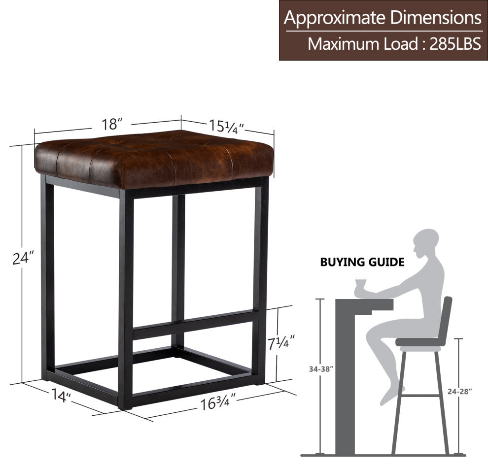 Button Tufted Open Frame Counter Stools, Dark Brown, 24 Inch