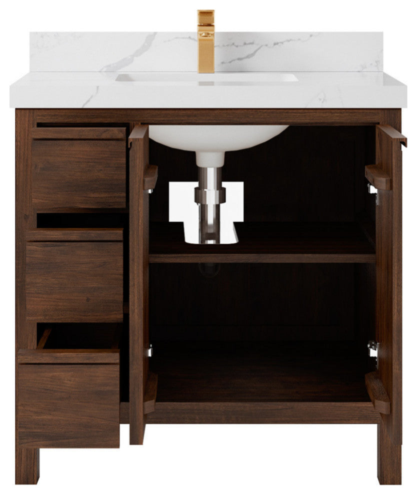 Elizabeth 36 Center Sink Bath Vanity in Dark Walnut Teak 2" Calacatta Laza