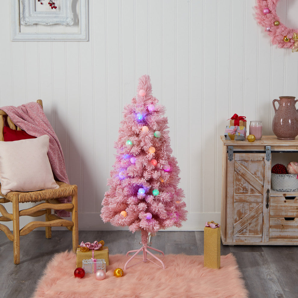 4' Holiday Frosted Pink Cashmere Faux Xmas Tree W/30 Jumbo Multicolored Lights