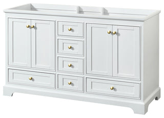 60" Double Bath Vanity, White, No Countertop, No Sinks, Gold Trim