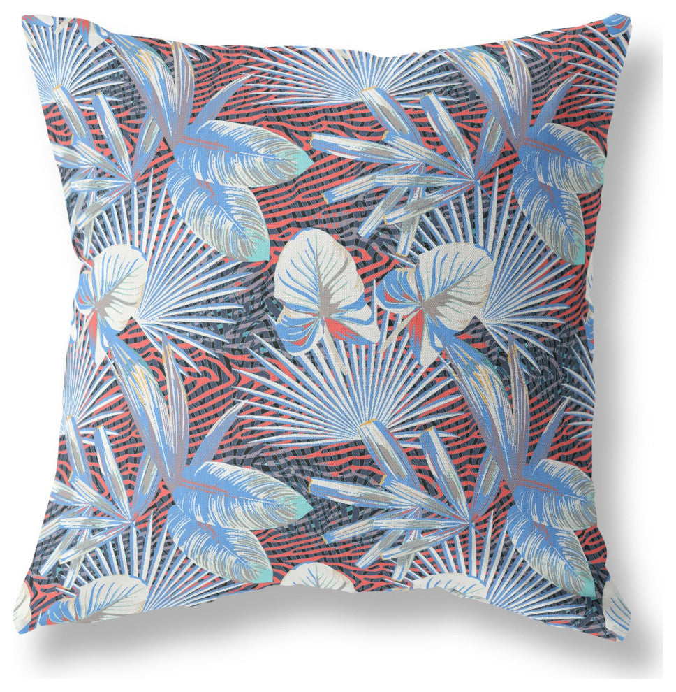 20" Blue Red Tropical Indoor Outdoor Throw Pillow