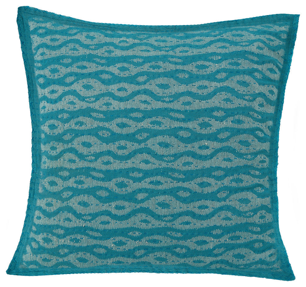 Artisan Hand Loomed Cotton Square Pillow, Blue Ocean Design, 24"