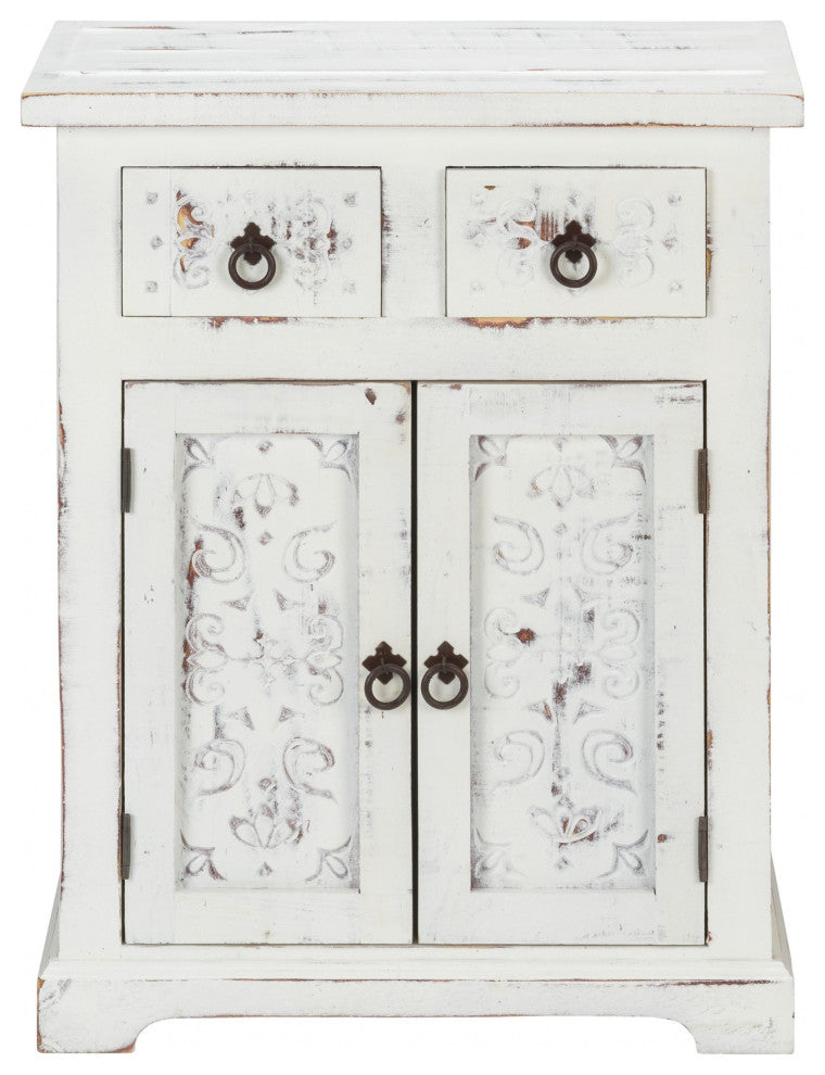 Distressed White Wooden Carved 2 Door and 2 Drawer Cabinet