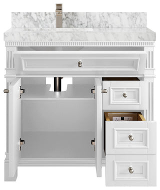 Paris 36" Left Offset Bathroom Vanity, White 2" Carrara Marble