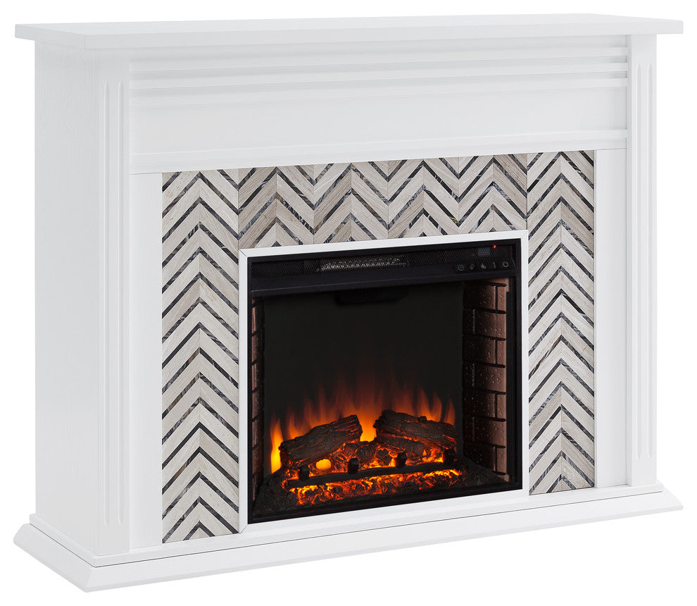 Hanston Tiled Marble Fireplace, White and Gray