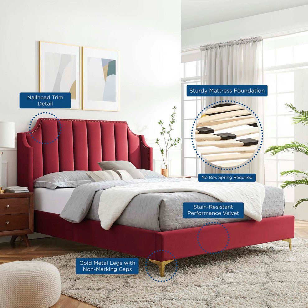 Platform Bed Frame, Queen Size, Velvet, Red, Modern Contemporary, Bedroom Master