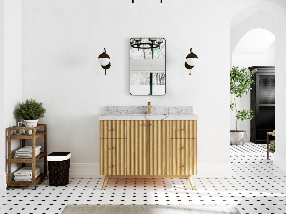 Pasadena 48 Single Sink Bath Vanity in Light Natural Teak 2" Viola Gold
