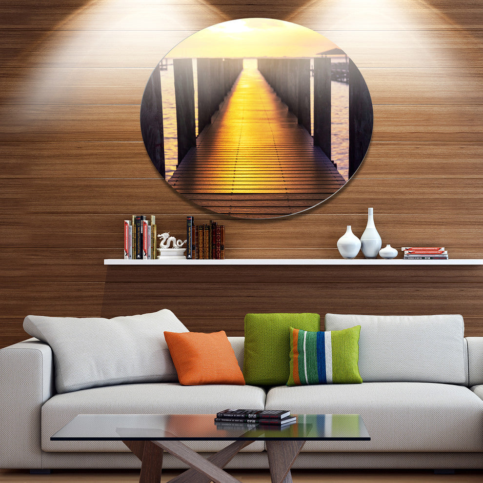 Sea Bridge With Sunset Reflection, Seashore Disc Metal Wall Art, 11"