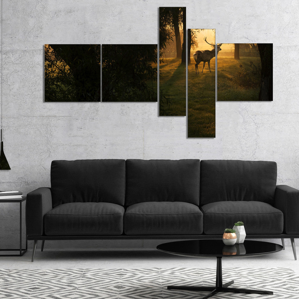 Deer In Sunset In Deep Forest, Forest Canvas Art Print, 60"x32", 5 panels