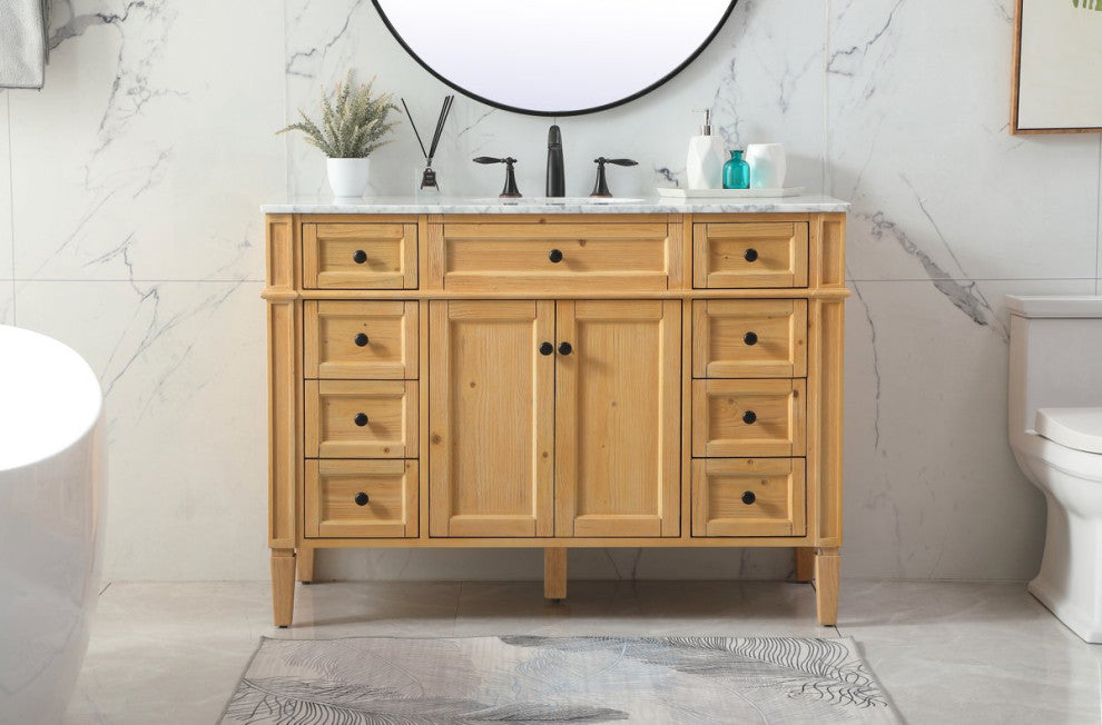 Home Living Vanity with Carrara White Marble Countertop, Natural Wood, 48", Single Sink