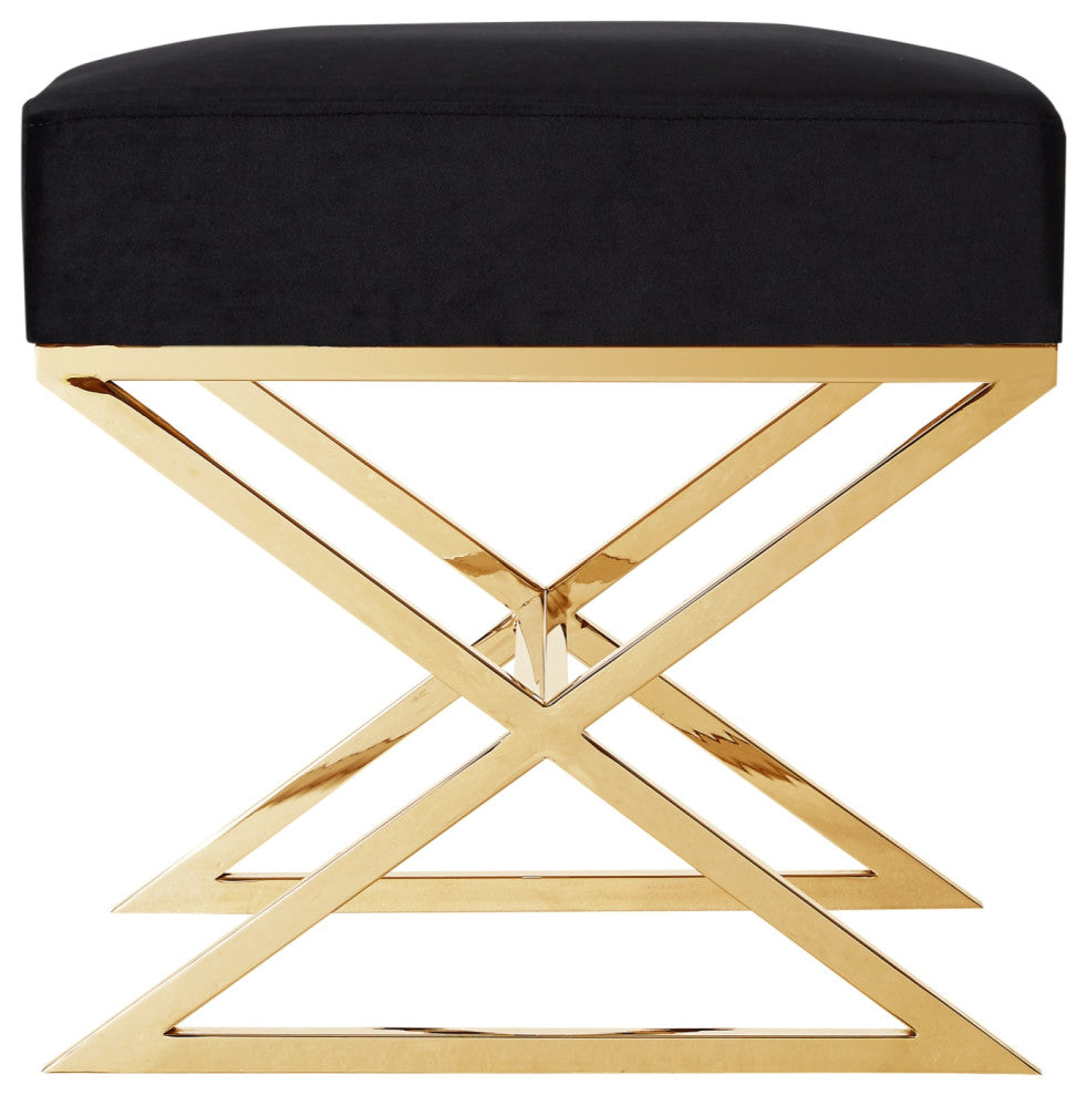 Oria Velvet X-Leg Chrome or Gold Base Ottoman, Black/Gold
