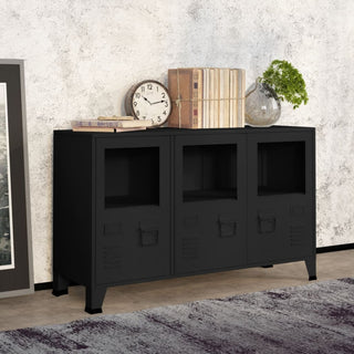 vidaXL Sideboard Industrial Storage Cabinet with Handle Black Metal and Glass