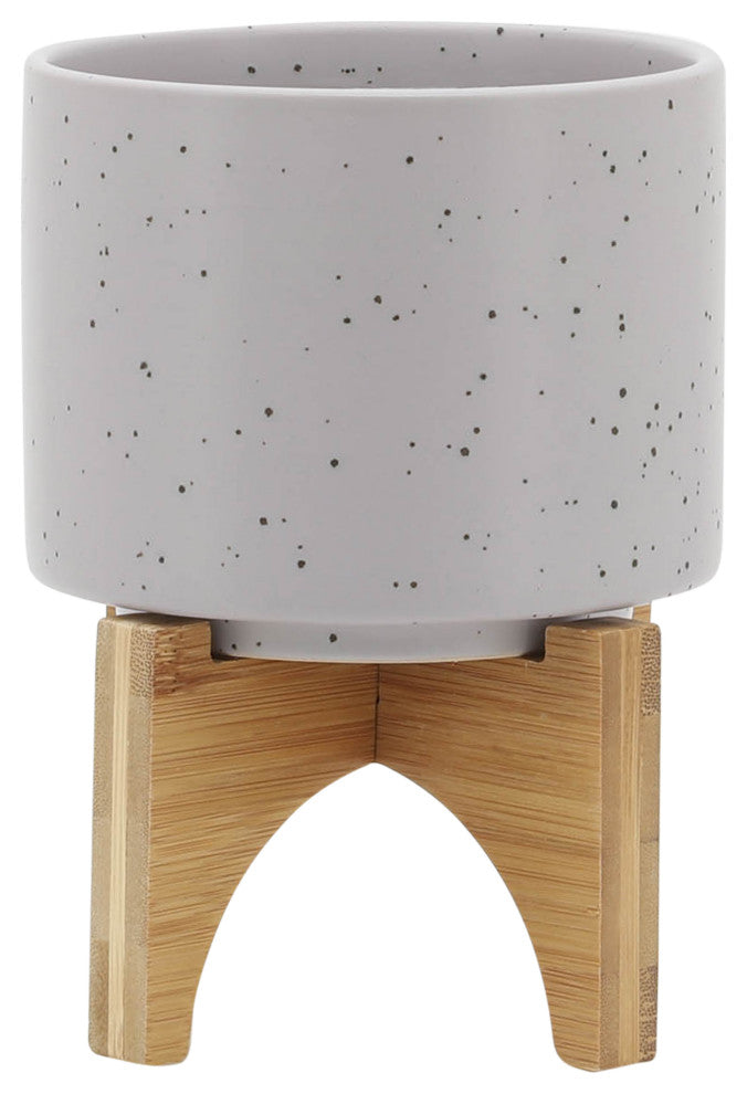 5" Planter With Wood Stand, Matte Beige