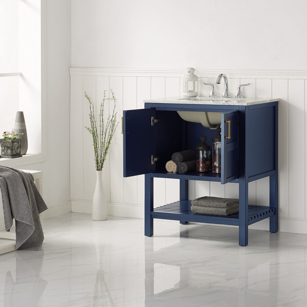 30" Vanity in Royal Blue with Carrara White Marble Countertop Without Mirror