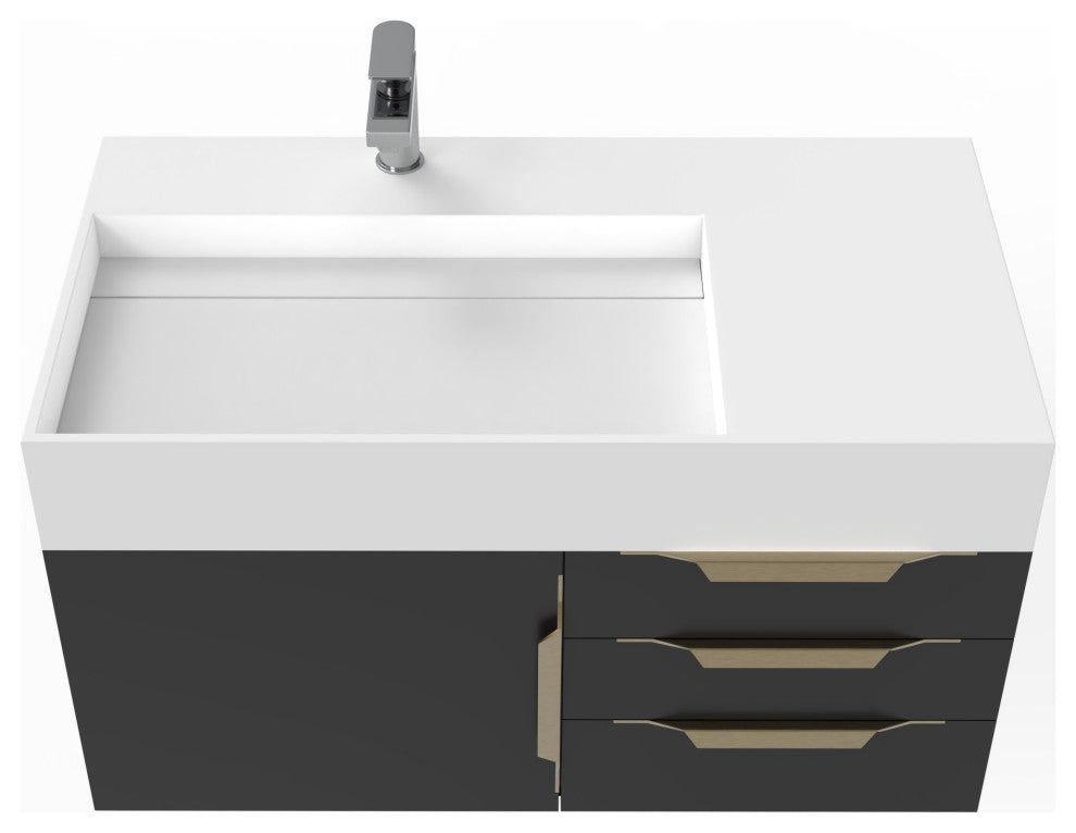 CastelloUSA Amazon 36" Wall Mount Vanity Set, Black, White Top, Gold Handles
