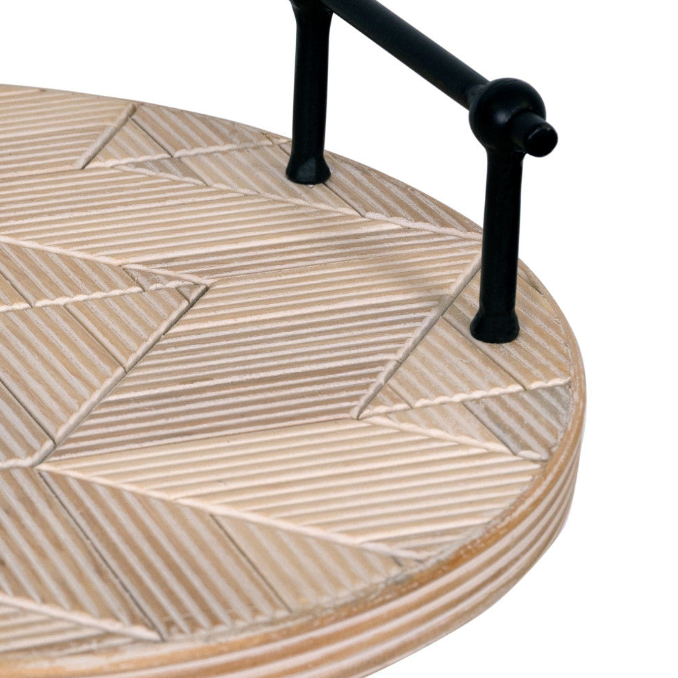 Modern Rustic Carved Chevron Round Tray With Handles