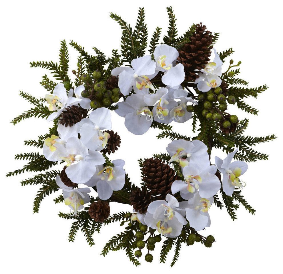 22" Phalaenopsis and Pine Wreath